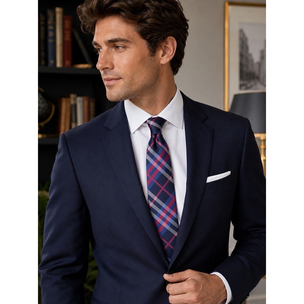 ADΩM Silk Plaid Necktie Navy Dark Pink Royal Blue White Men’s Classic Tie